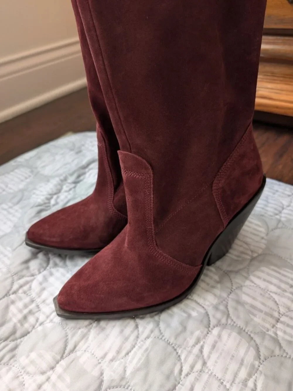 Free People Triple Crown Over The Knee Boots Burgundy Suede Western Size 7 NEW